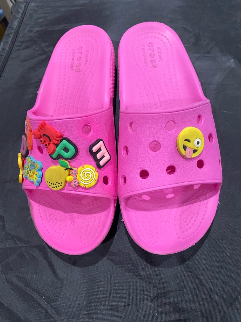 CROCS Hot Pink Kids Slide Sandals with Fun Jibbitz Charms